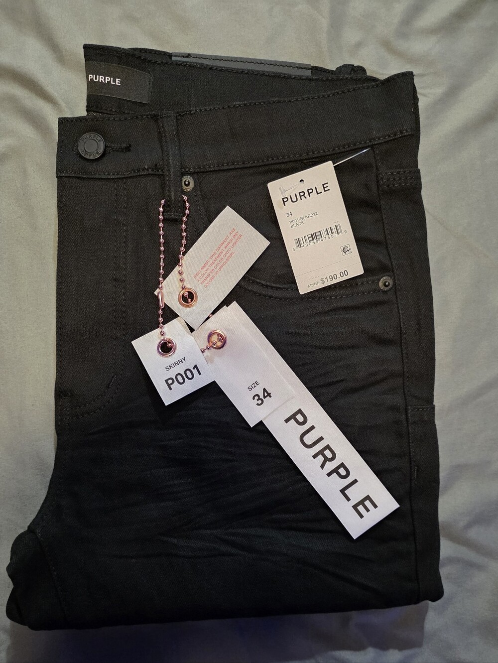 Purple Brand Jeans Black Resin 3/D P001 Size 34 Brand New Authentic